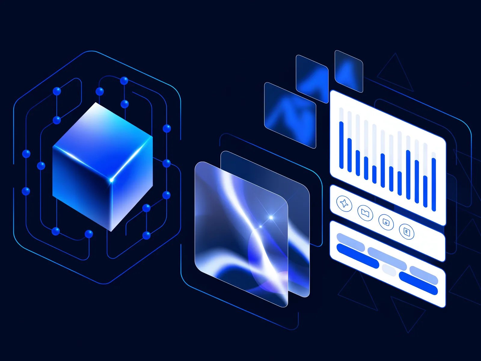 AI-assisted creative workflow visual with glowing AI cube, neural network nodes and design automation panels in deep blue and white