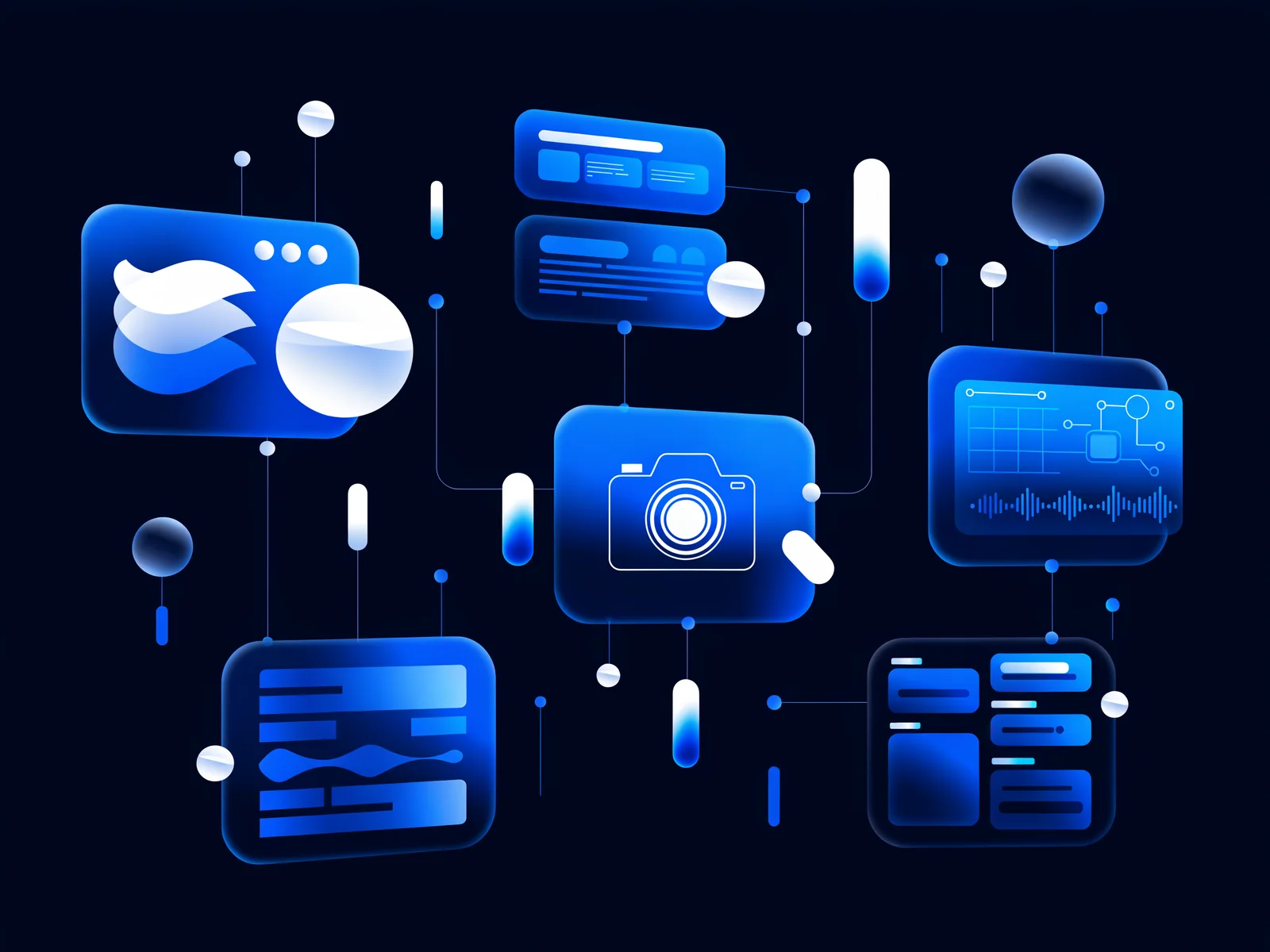 Connected creative workflow visual linking design, web, photography, video, AI and social media in deep blue and white