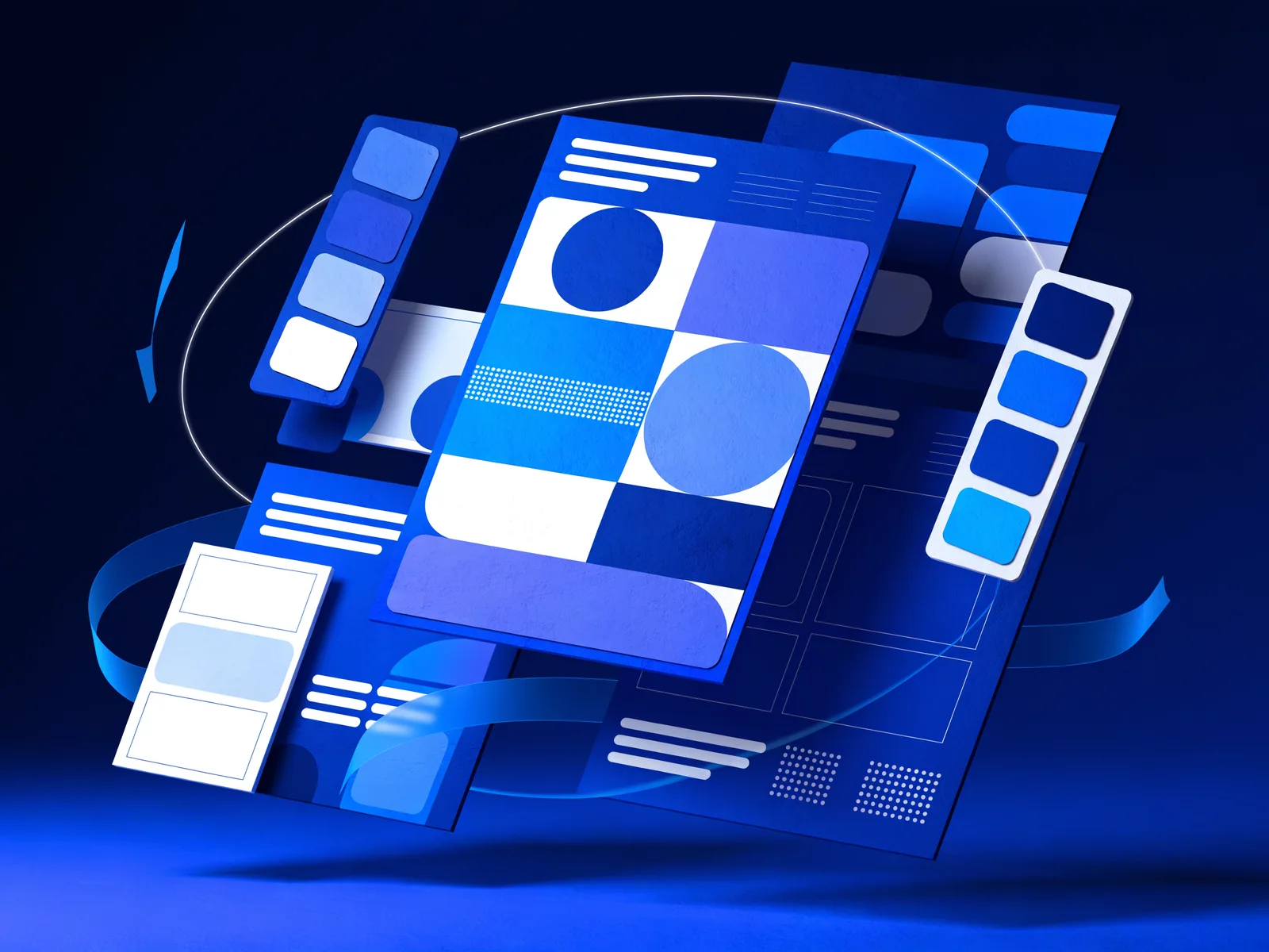 Graphic design expertise visual with floating design boards, color swatches and abstract layout grids in deep blue and white