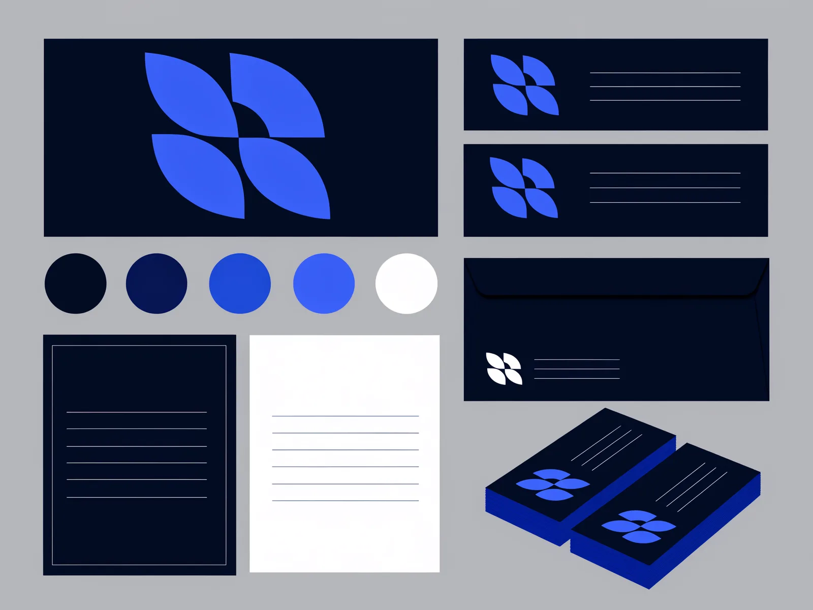 Logo branding expertise visual with brand guideline cards, colour palette chips and abstract typography sheets in deep blue and white
