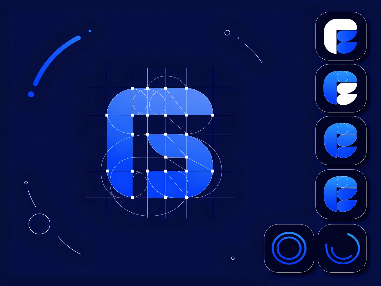 Logo identity expertise visual with abstract monogram exploration, vector construction grid and logo variation cards in deep blue and white