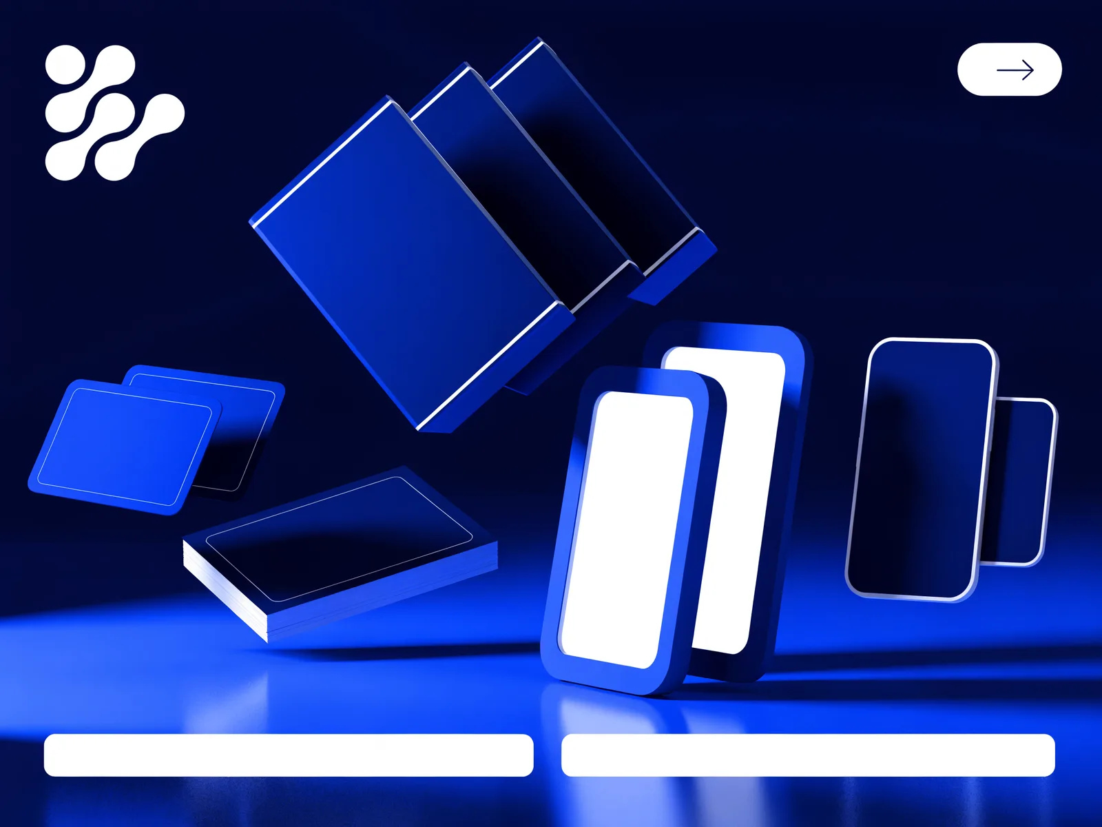 Product mockup expertise visual with floating packaging boxes, device screens and stationery in deep blue and white