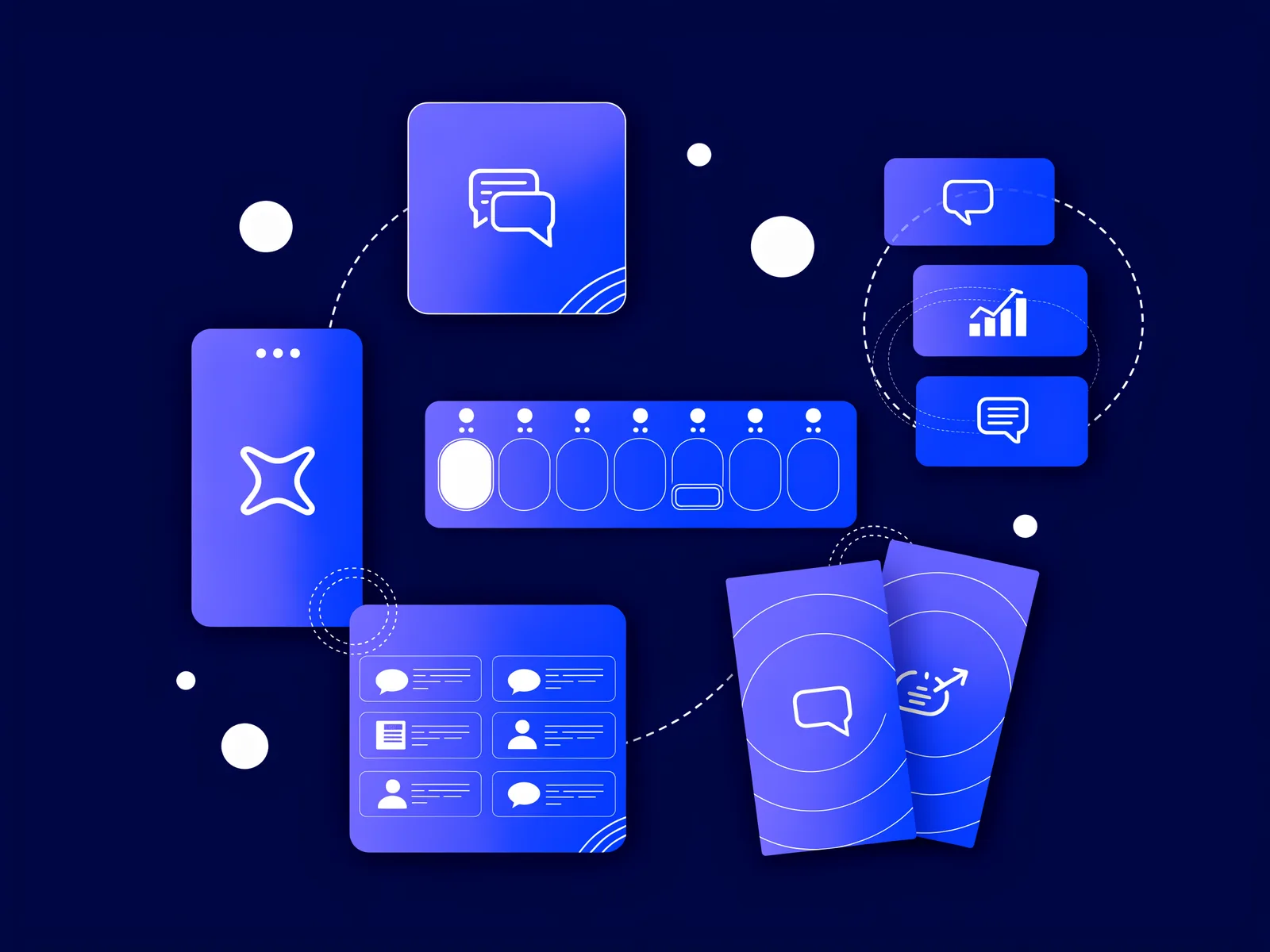 Social media expertise visual with floating post templates, story frames, a campaign calendar and analytics cards in deep blue and white