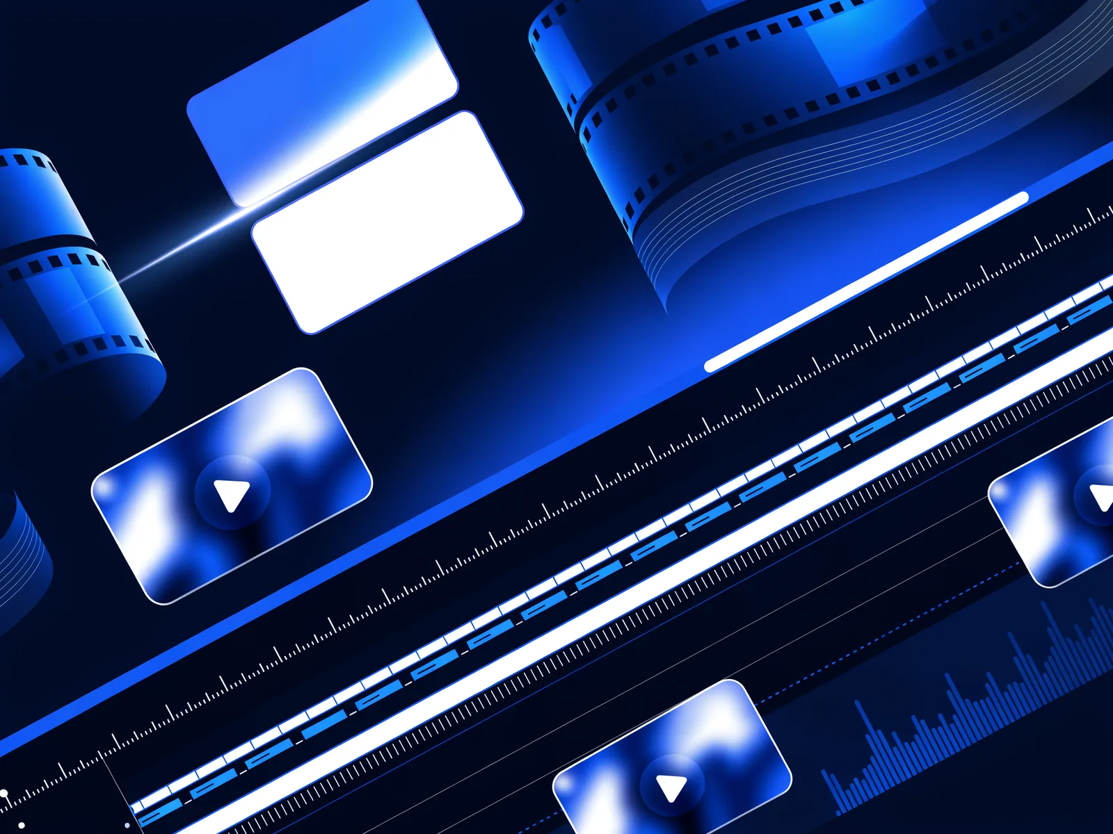 Video editing expertise visual with editing timeline, colour grading panels, waveforms and film-strip frames in deep blue and white