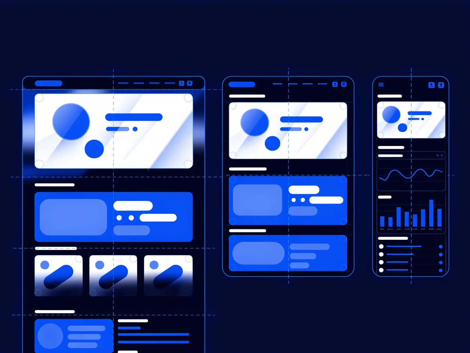 Web design expertise visual with responsive desktop, tablet and mobile interface mockups in deep blue and white