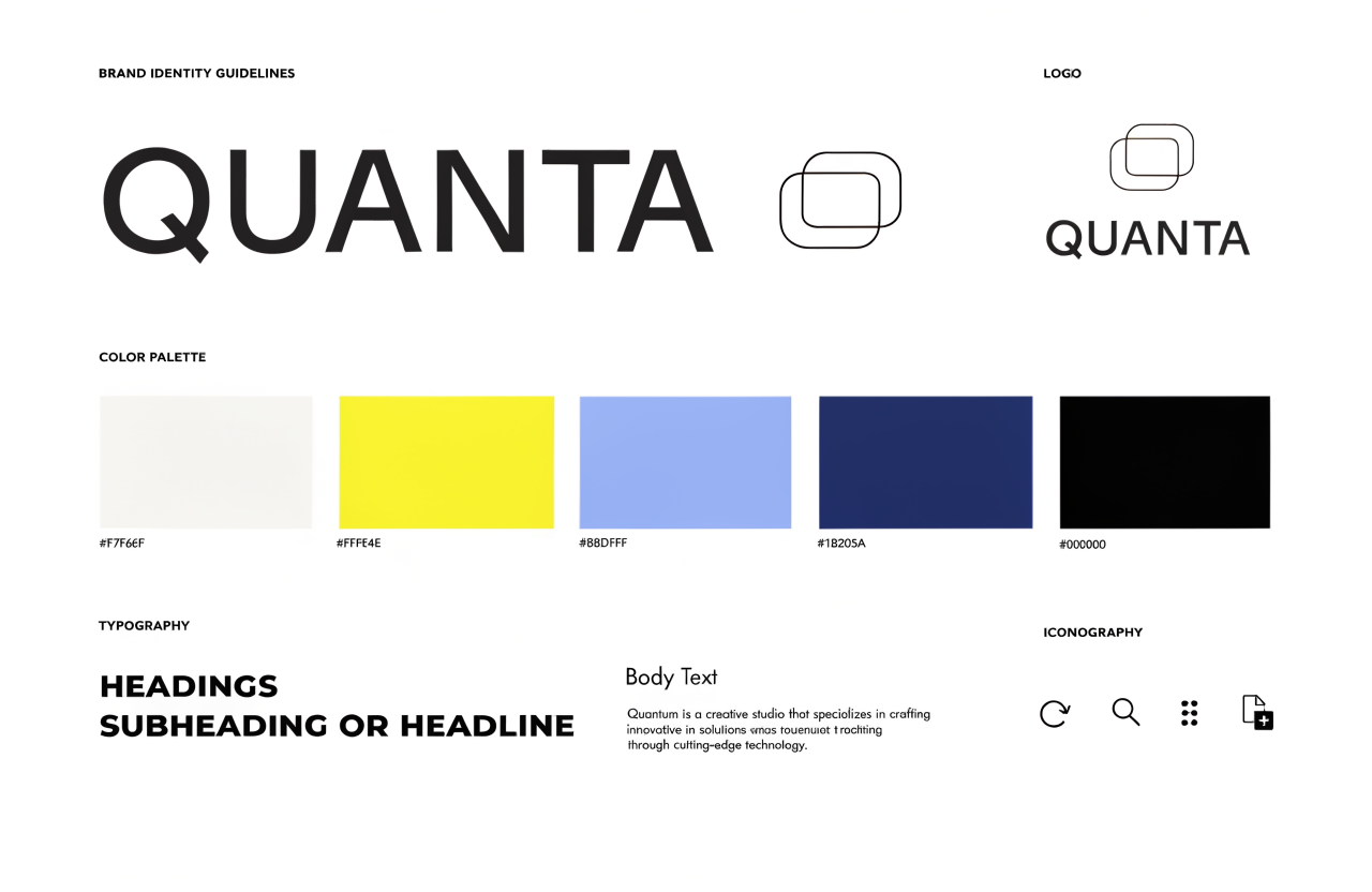 Concept one-page brand guidelines sheet — logo, palette, type and icons