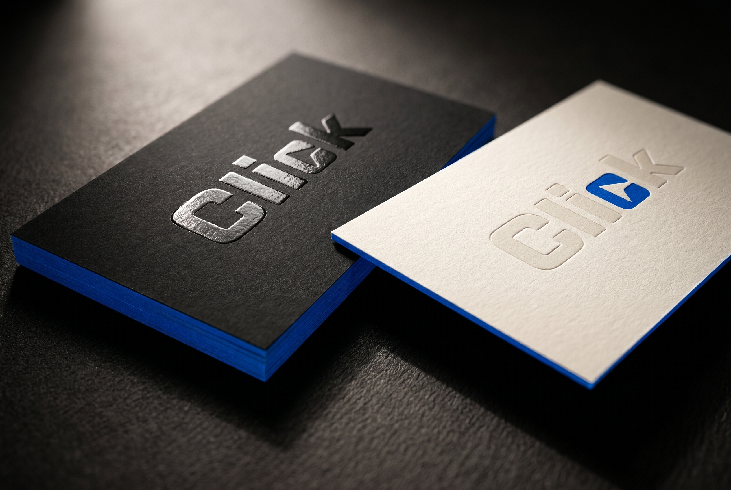 Click — embossed business cards in black and blue