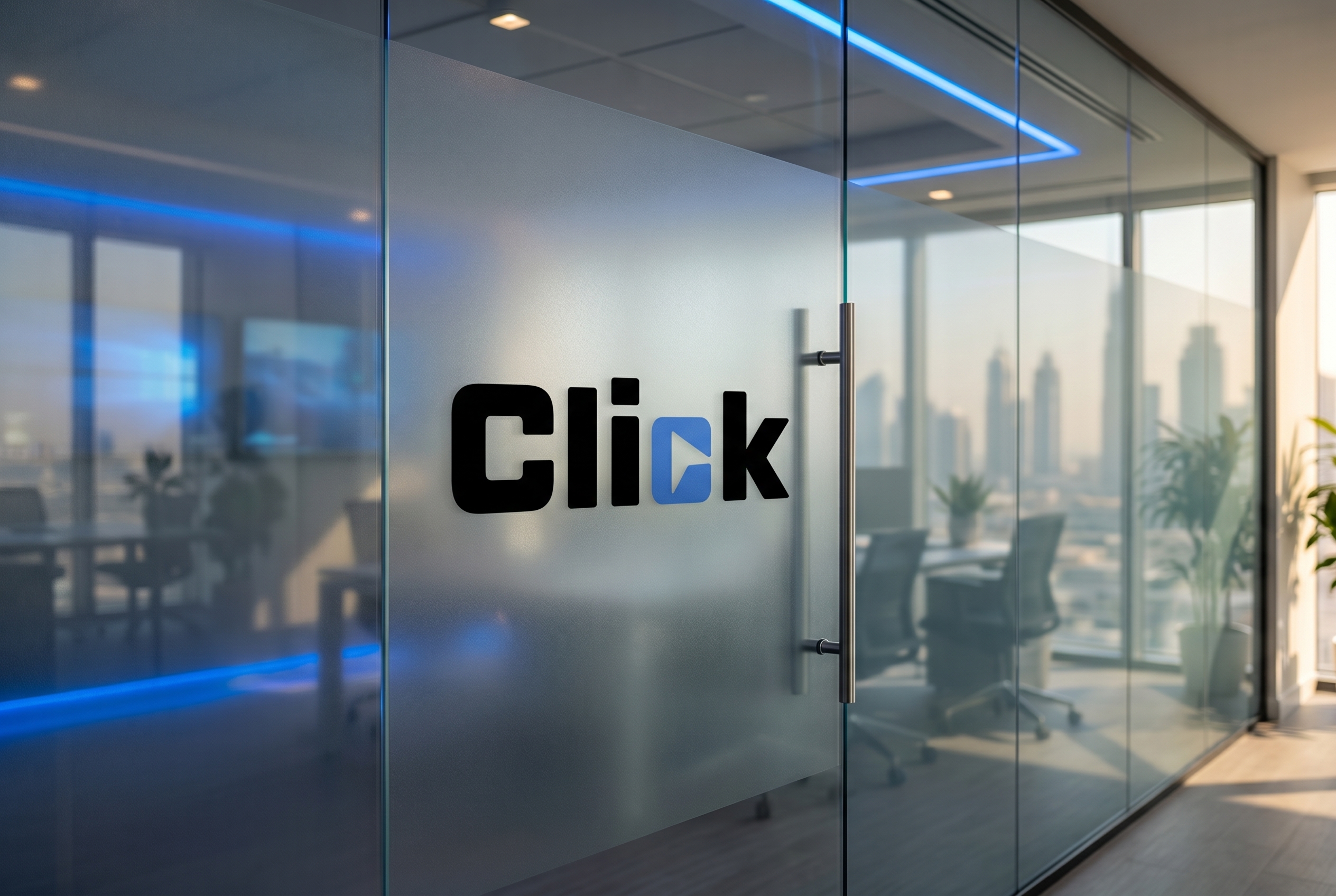 Click — frosted glass office signage with the Dubai skyline behind