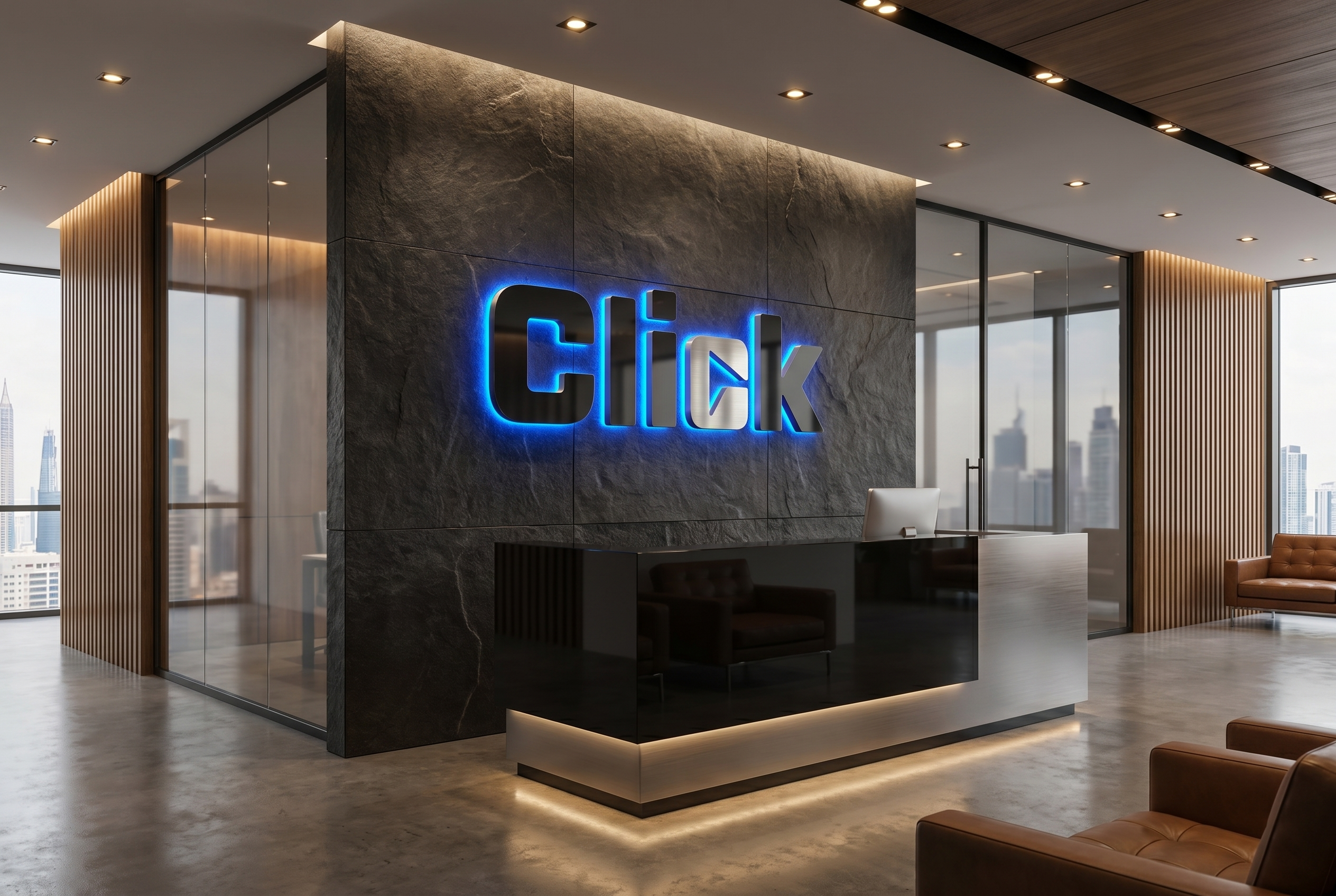 Click — illuminated 3D office reception sign