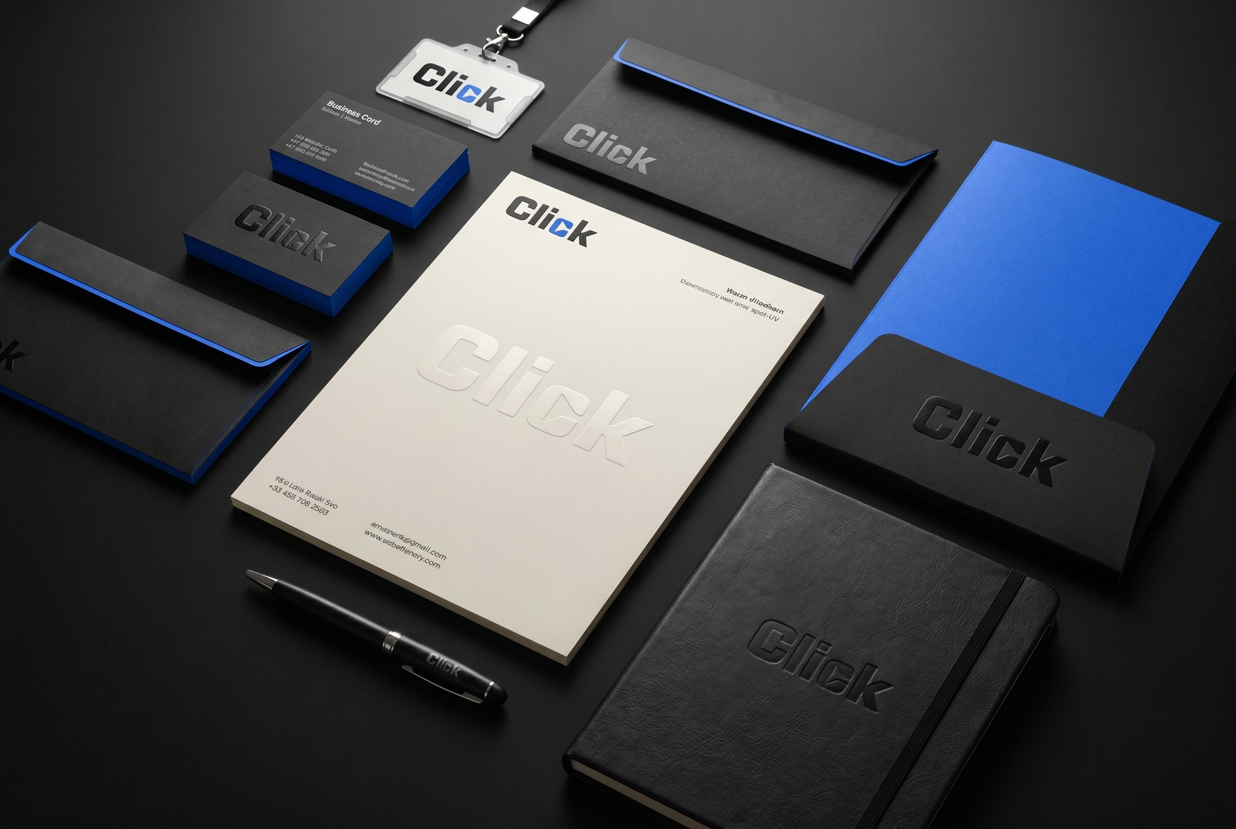 Click — full brand stationery suite in black and blue
