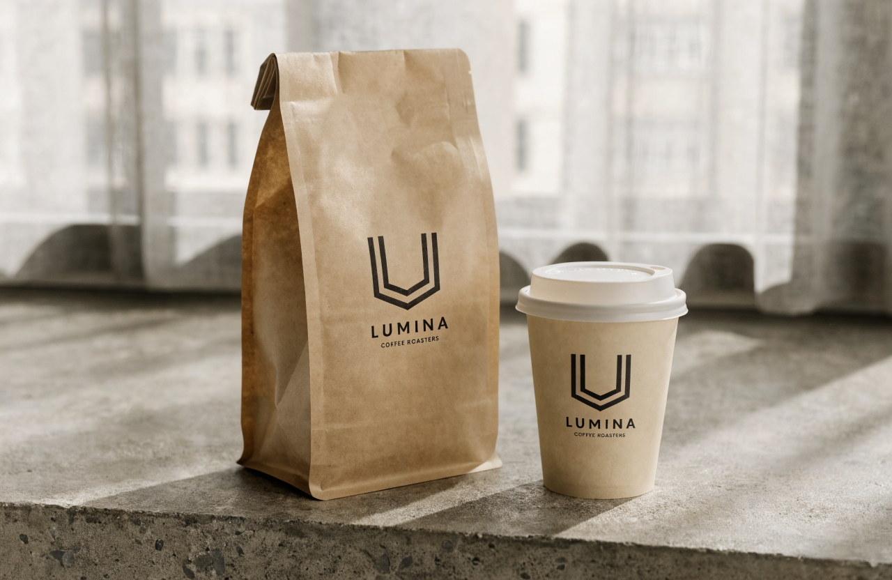 Concept coffee brand packaging — kraft bag and cup with a monogram logo