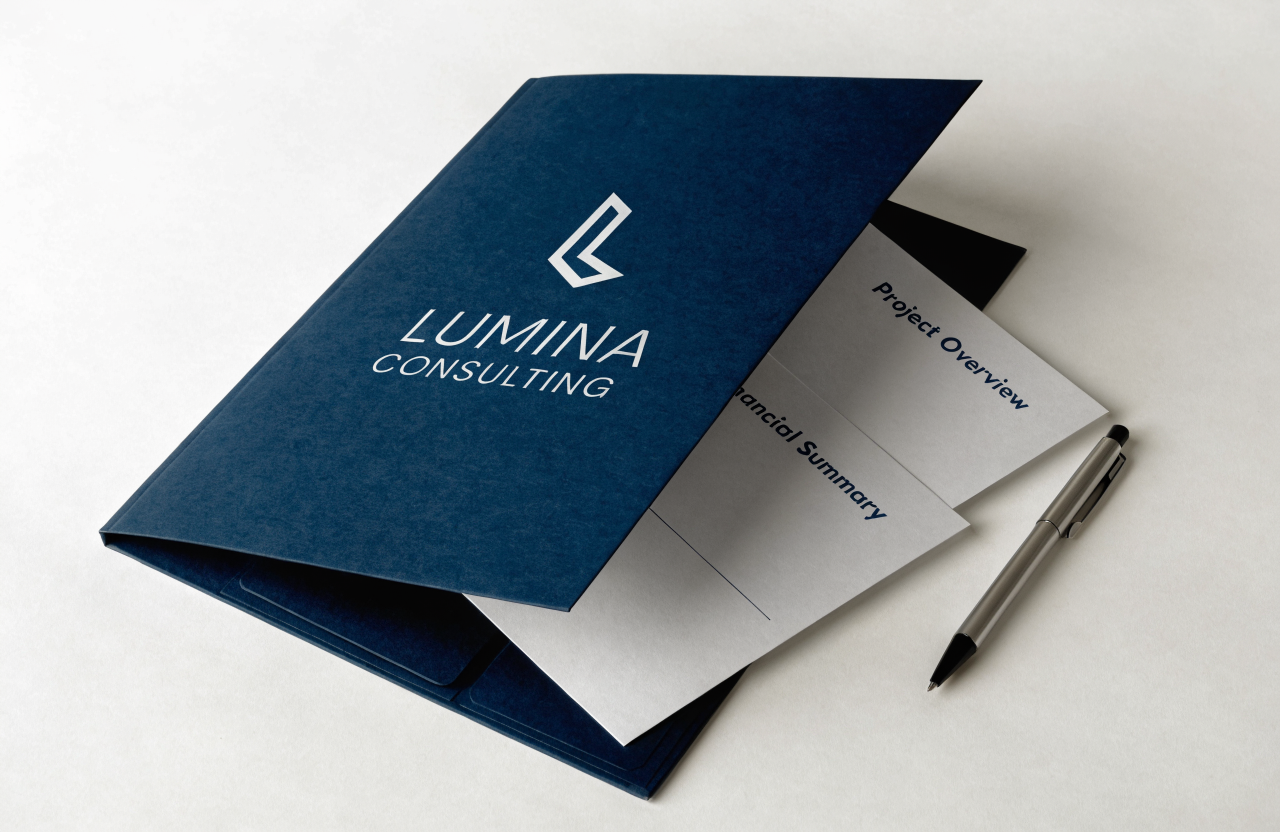 Concept branded presentation folder with document inserts