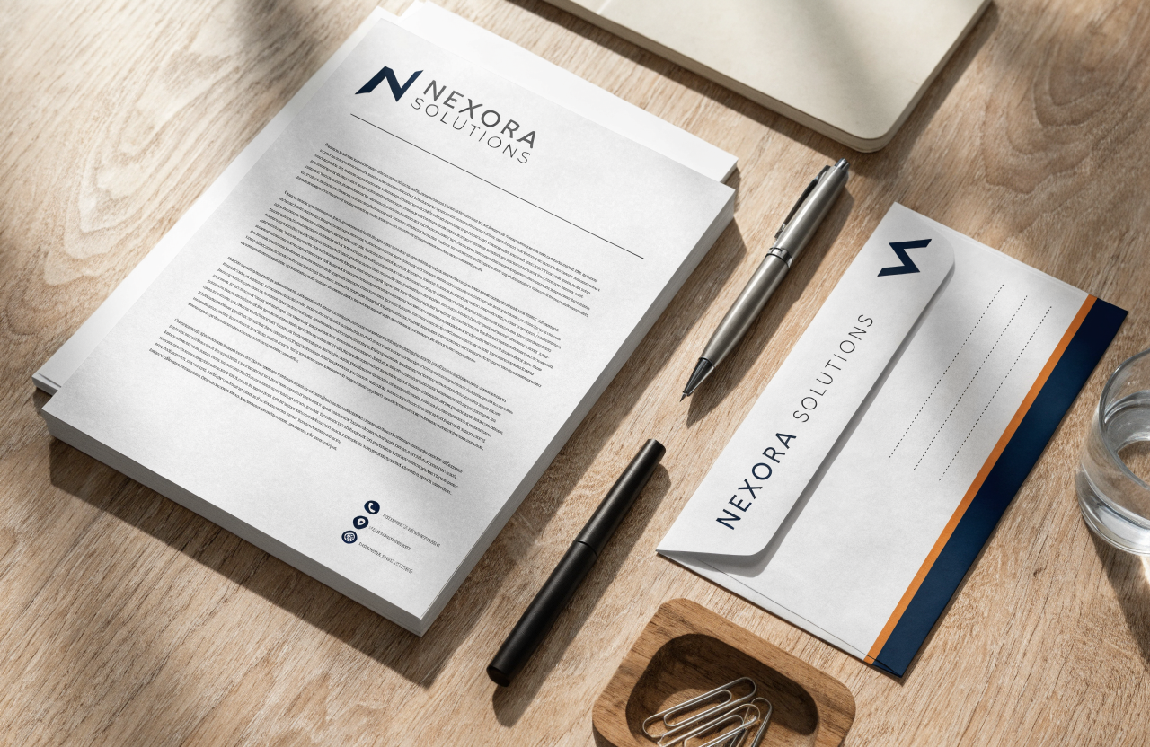 Concept corporate letterhead and envelope flat lay