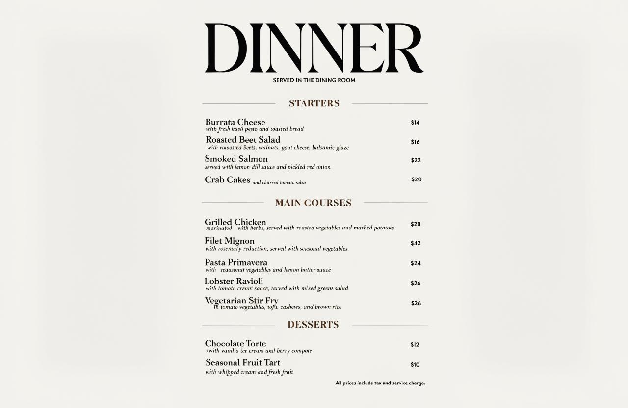 Concept restaurant dinner menu with elegant type hierarchy