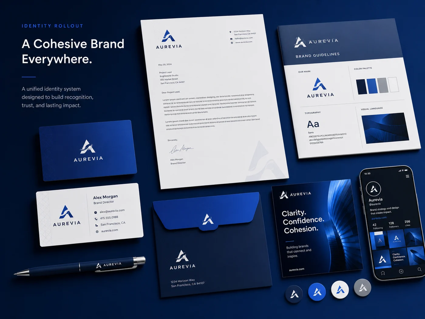 Brand identity sample — logo, stationery and guidelines in deep blue