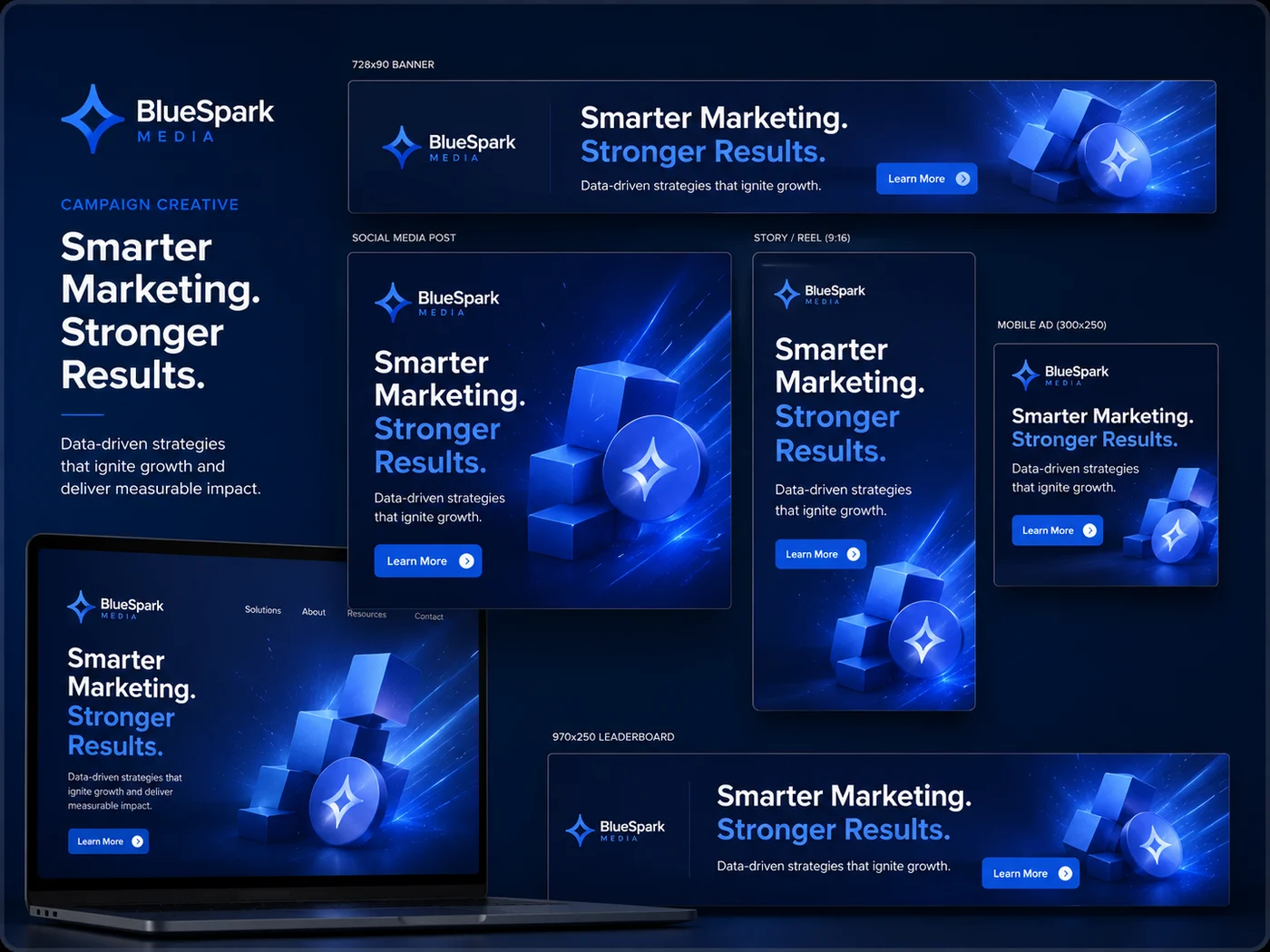 Digital ad campaign creative set in deep blue