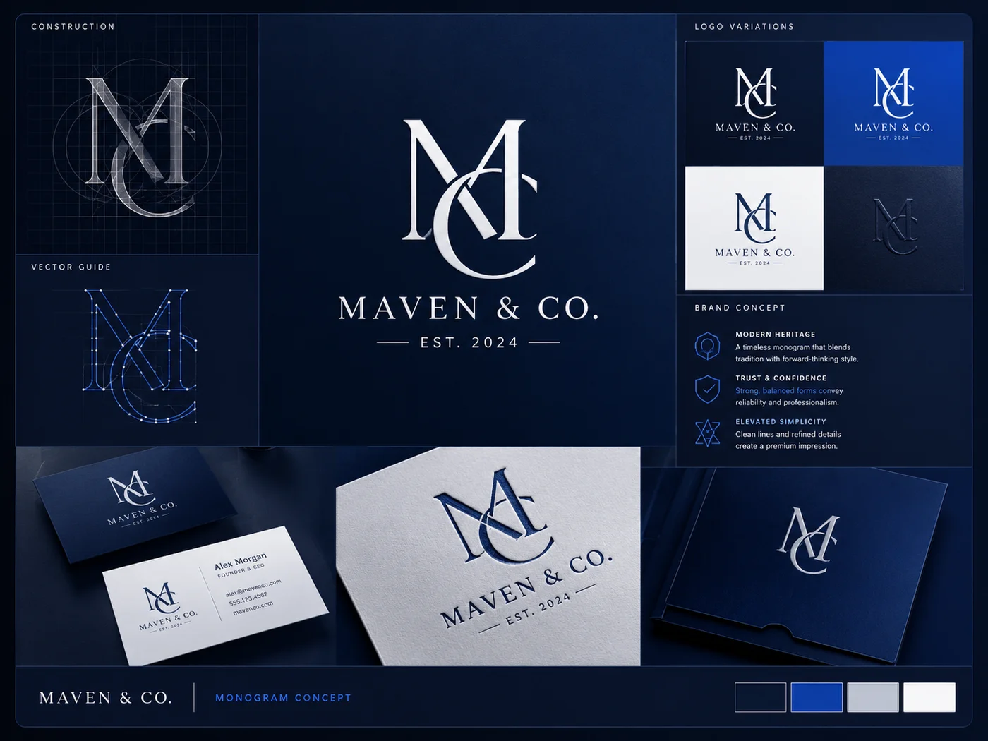 Monogram logo concept with construction grid and variations in deep blue