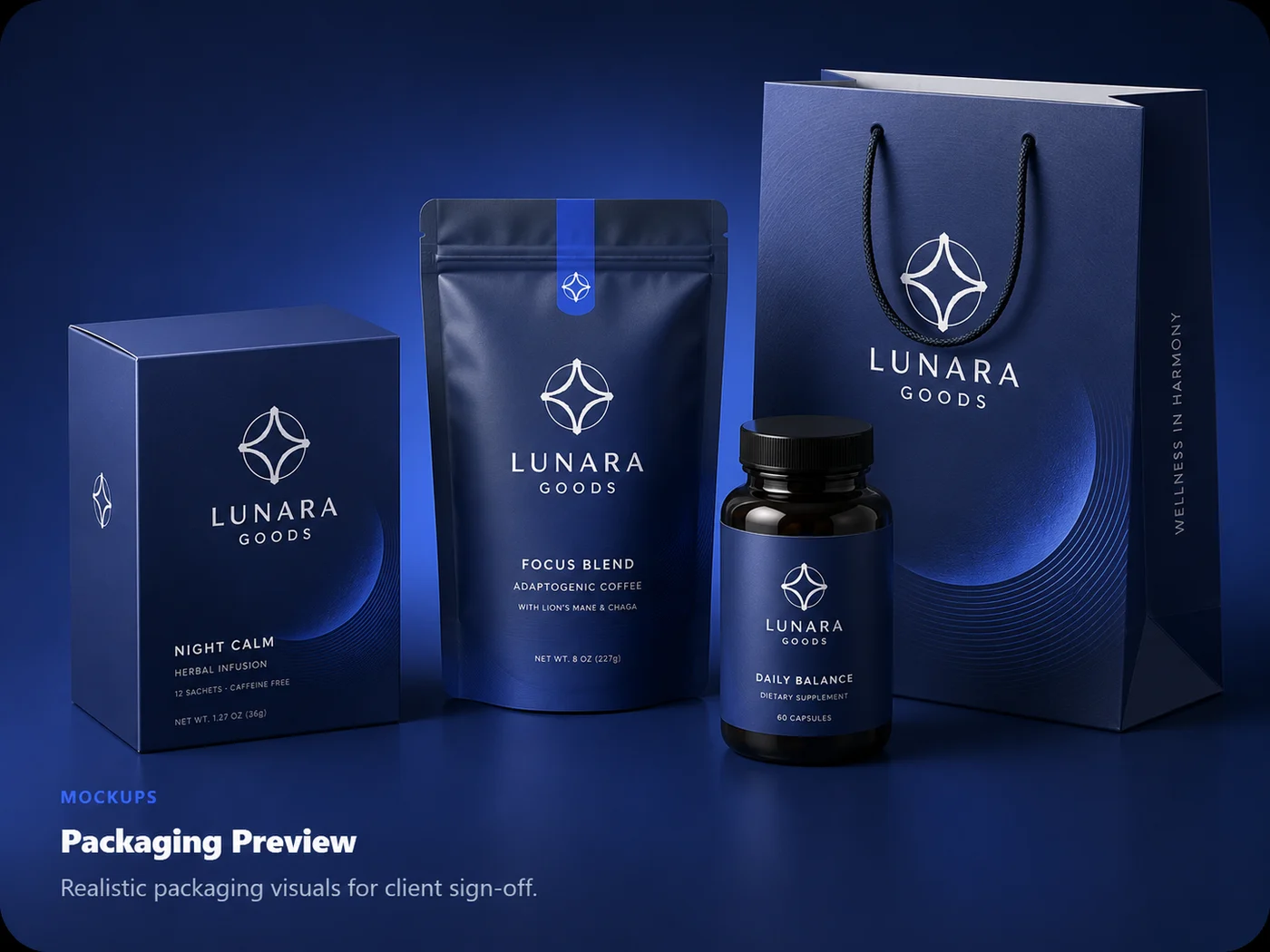 Packaging mockup set — box, pouch, bottle and bag in deep blue