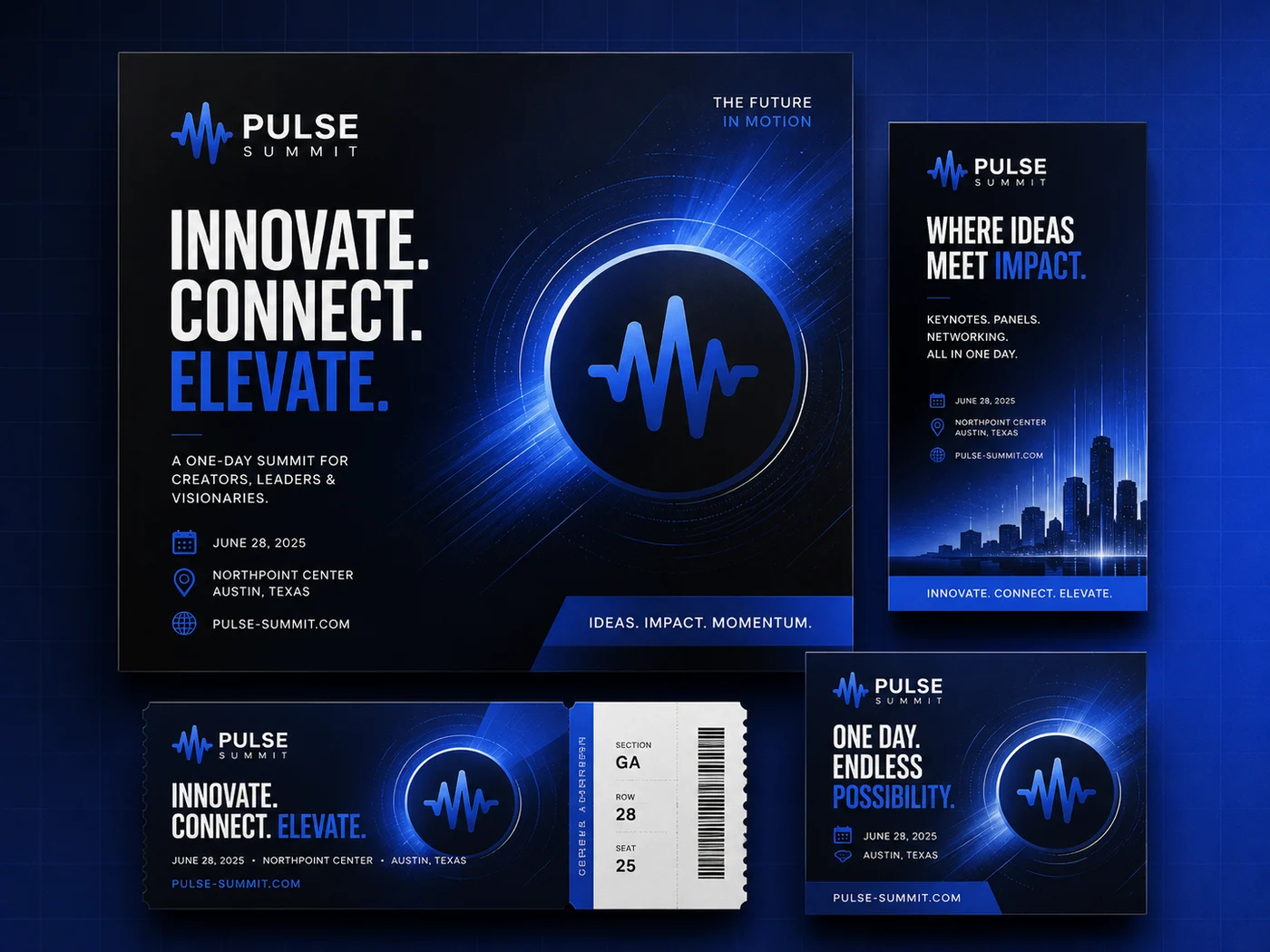 Event poster and banner set in deep blue