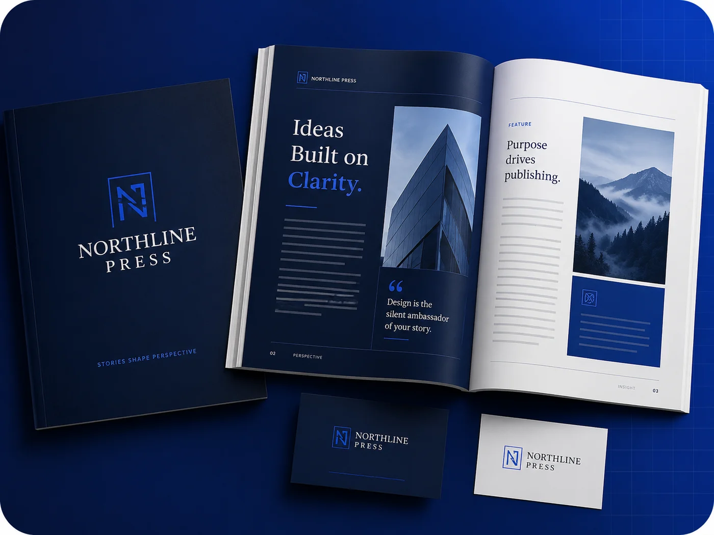 Editorial and print layout sample in deep blue and white