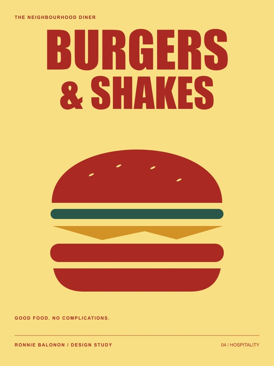 Burgers & Shakes - A diner identity study with a custom vector illustration and a warm, limited colour palette.