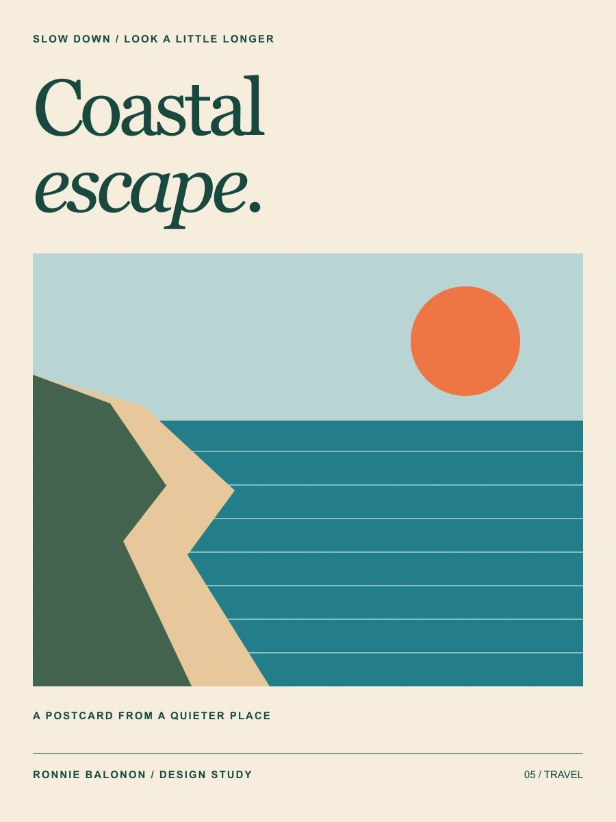 Coastal Escape - An illustrated travel print combining a restrained coastal palette with expressive serif type.
