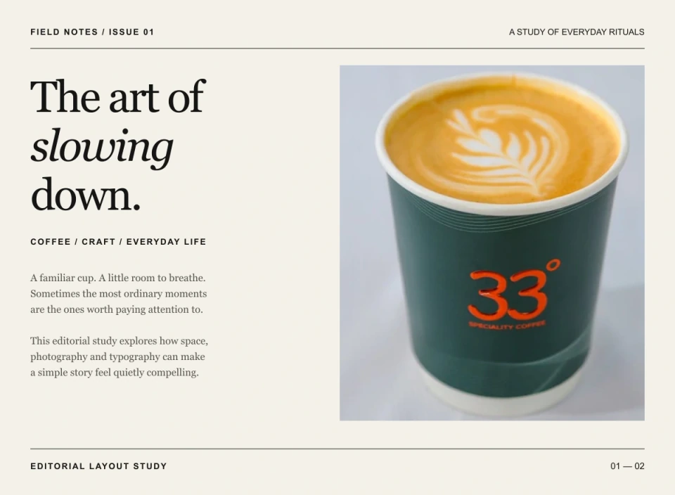 The Everyday Ritual - A magazine spread with controlled type hierarchy, generous margins and existing portfolio photography.