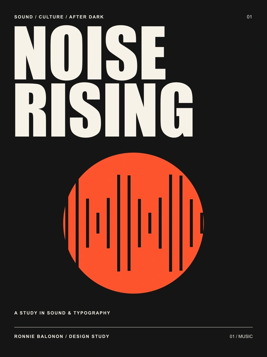 Noise Rising - A two-colour music identity built around condensed type and a rhythmic sound motif.