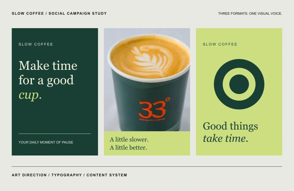 Slow Coffee - A coordinated three-post campaign study with one type system, palette and photographic direction.