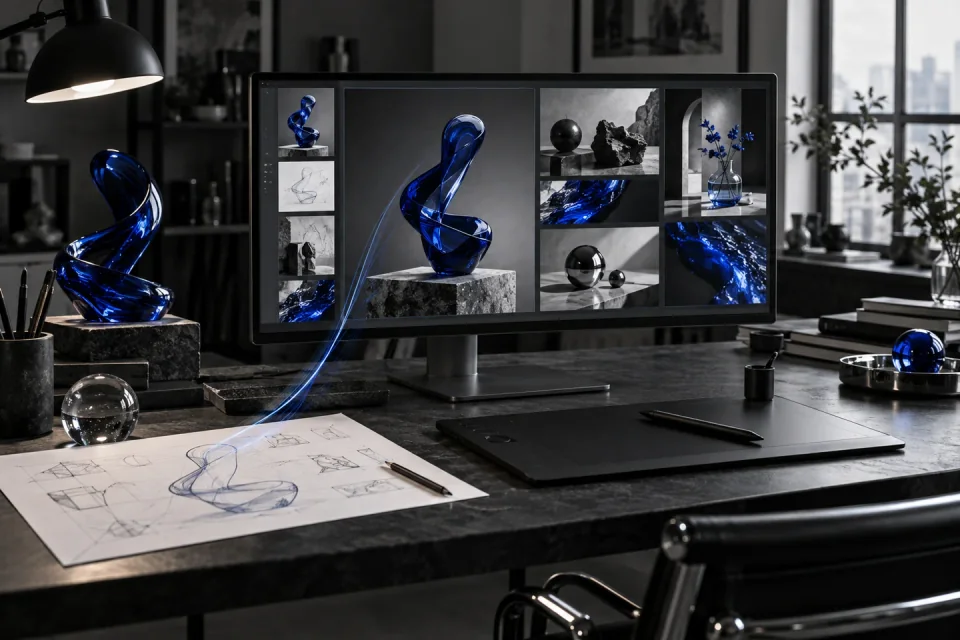 AI-generated creative workspace exploring blue sculptural product-image variations