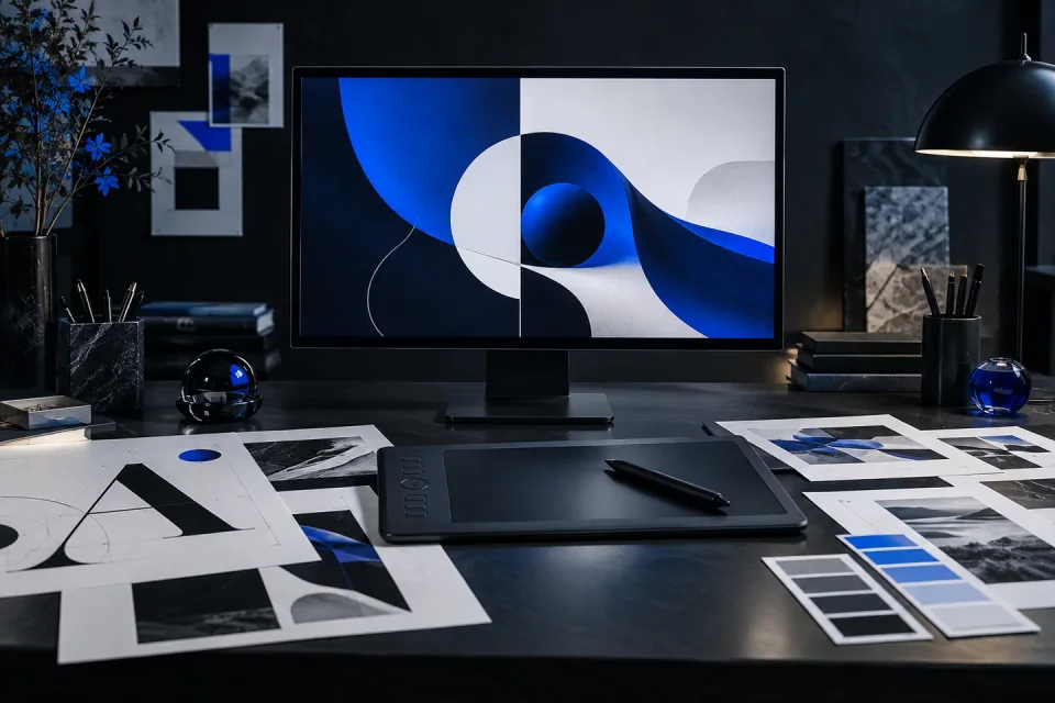 AI-generated graphic design studio with a drawing tablet, layout boards and blue identity artwork