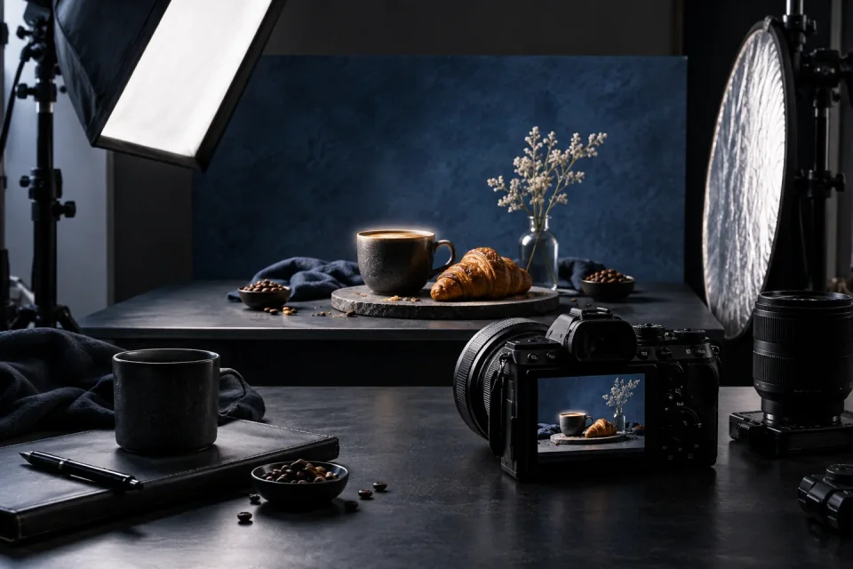 AI-generated photography studio with a camera, softbox and coffee product setup