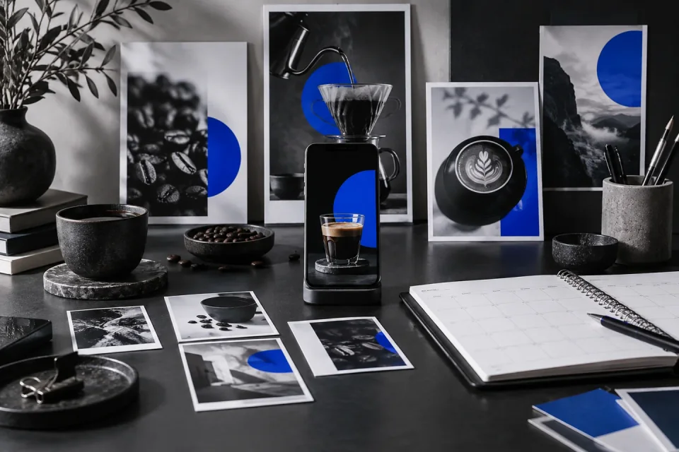 AI-generated social campaign workspace with a smartphone, coffee imagery and a content planner