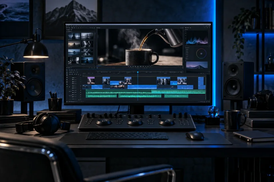 AI-generated video editing workstation with a timeline, audio waveforms and colour grading controls