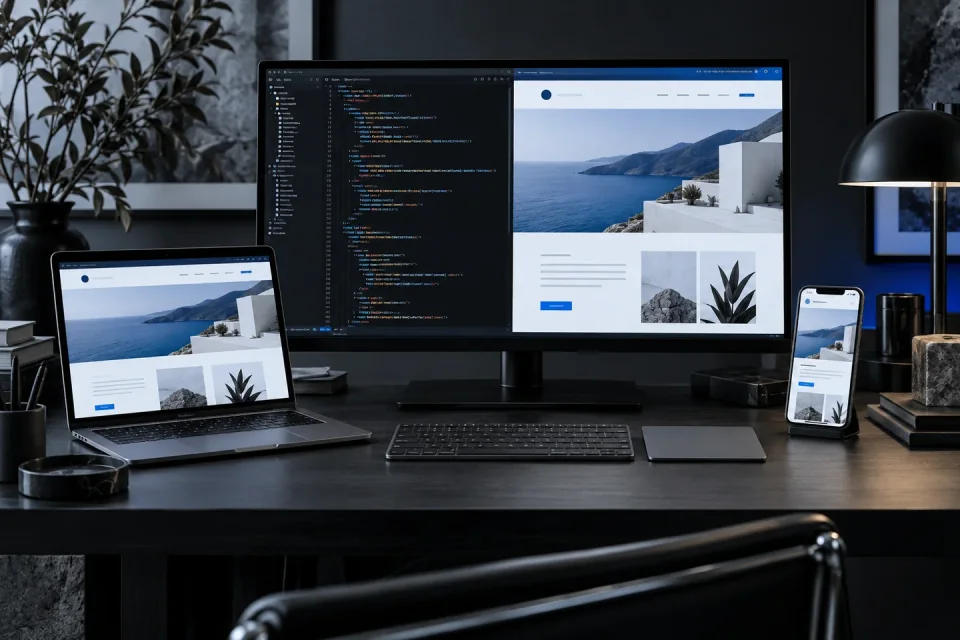 AI-generated web development workstation with code and responsive desktop, laptop and mobile layouts