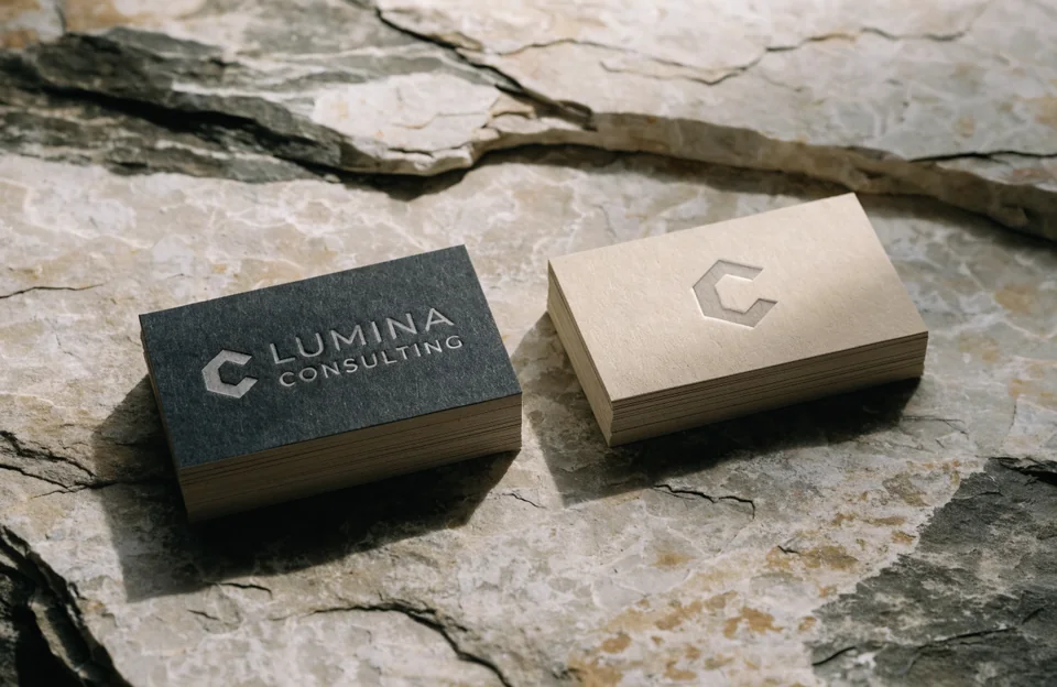 Embossed business card set mockup on stone