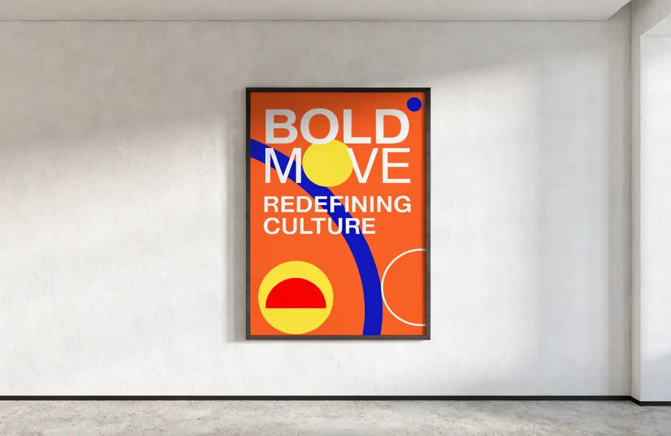 Typographic art poster framed on a gallery wall — mockup