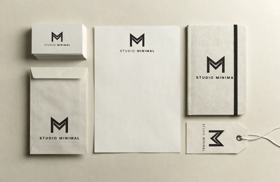 Full brand stationery suite mockup with a minimalist monogram