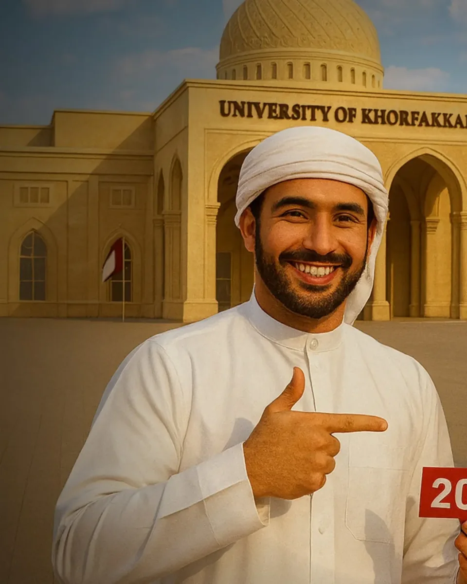 University of Khorfakkan campaign — student pointing at 20% offer