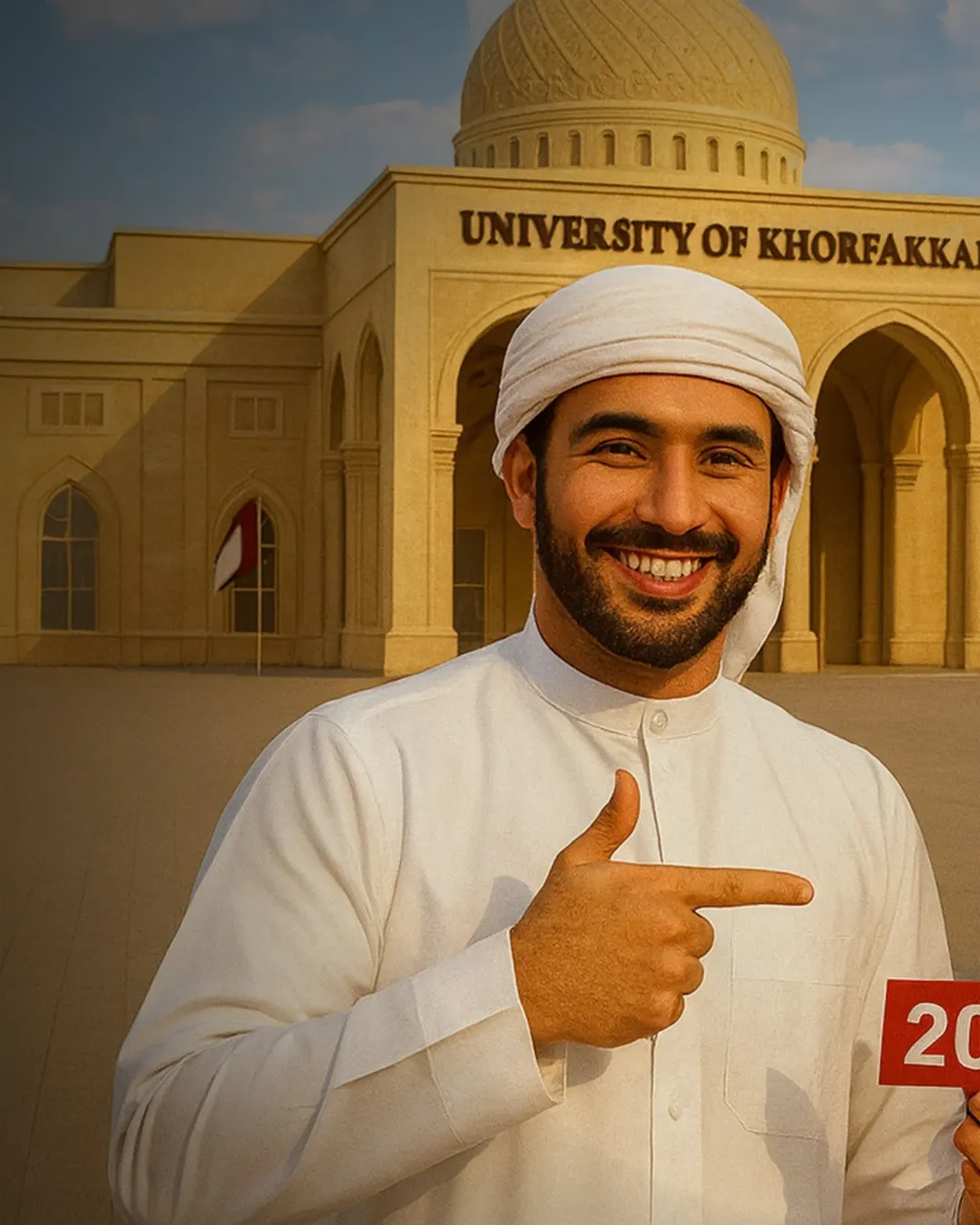 University of Khorfakkan campaign — student pointing at 20% offer